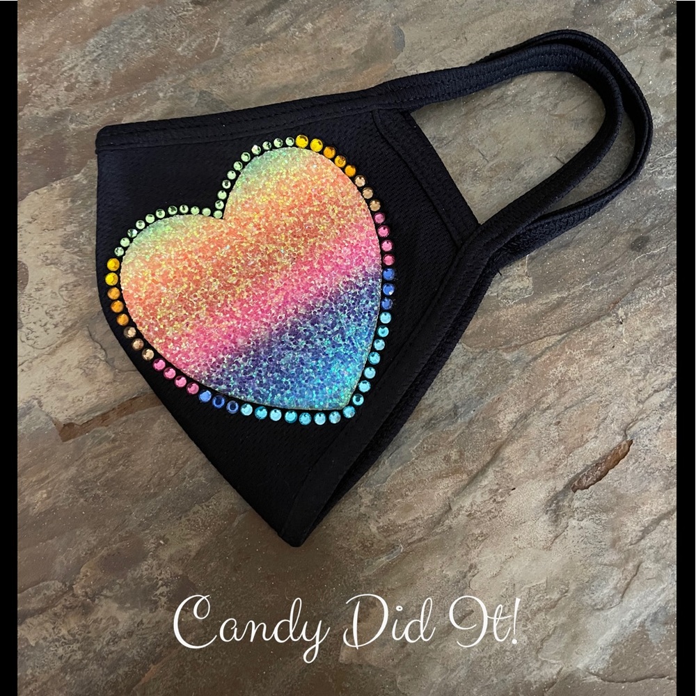 NWT Handmade Candy Did It! Rainbow Heart Bling Black Double Layer Face Mask